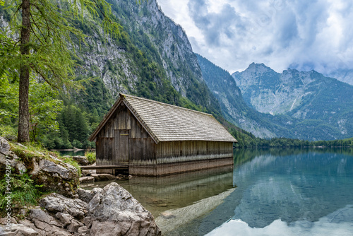 Boat House at Obersee Mountain Lake in Alps, Berchtesgaden, Germany, Europe