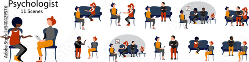 Set of psychologist counceling single people and couples. Psychological help concept. Mental health therapy sessions. Stock vector illustrations.