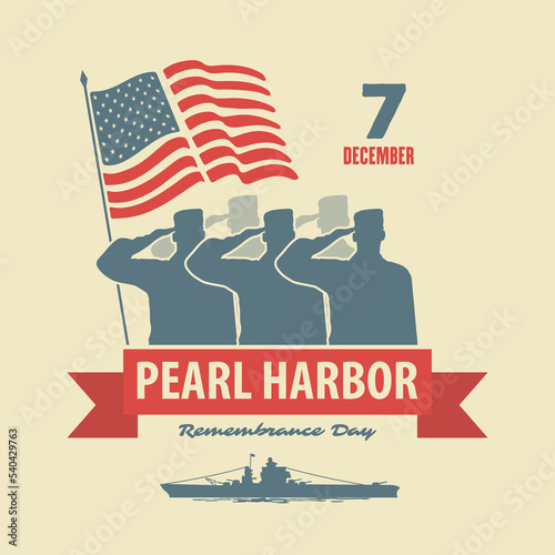 Pearl Harbor Remembrance Day poster template. US Army soldier saluting against USA Flag. Vector illustration