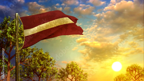 waving flag of Latvia at sunrise for anthem day - abstract 3D rendering