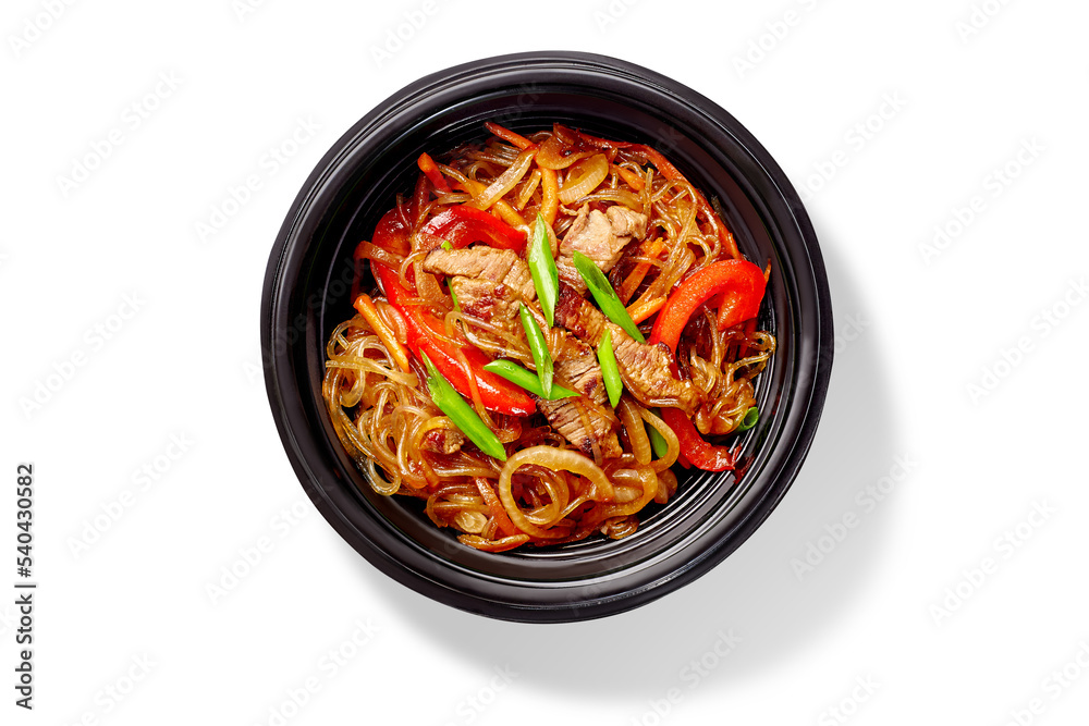 Chinese rice noodles with veal, bell peppers and carrots in stir fry sauce with chopped scallions Chinese rice noodles with veal, bell peppers and carrots in stir fry sauce with chopped scallions
