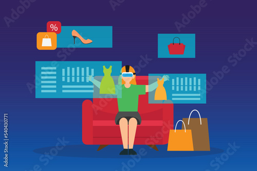 woman wearing VR glasses is doing a shopping experience in the metaverse 2d vector illustration concept for banner, website, illustration, landing page, flyer, etc.