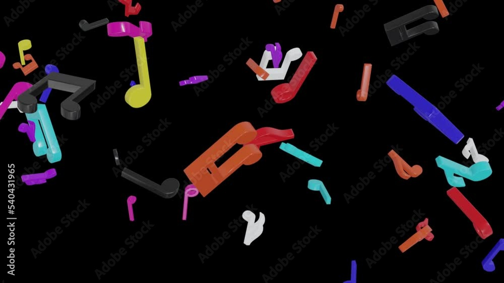 Colorful Musical Notes moving on Black background. Seamless loop 3D Animation Video Colorful Musical Notes moving on Black background. Seamless loop 3D Animation Video