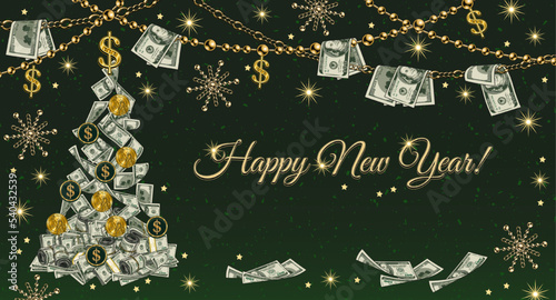 Poster holiday design with cash money. Christmas tree made of 100 dollar banknotes, coins. Jewelry gold chains with hanging dollar bills. Shiny snowflakes, stars, sparkles on green textured background