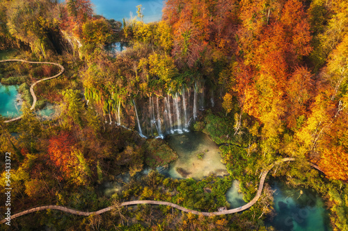 Fotografie Aerial view beautiful colorful majestic waterfall in national park autumn forest