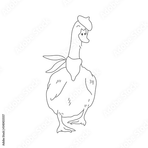 Vector isolated cute cartoon funny french goose in beret and scarf  colorless black and white contour line easy drawing