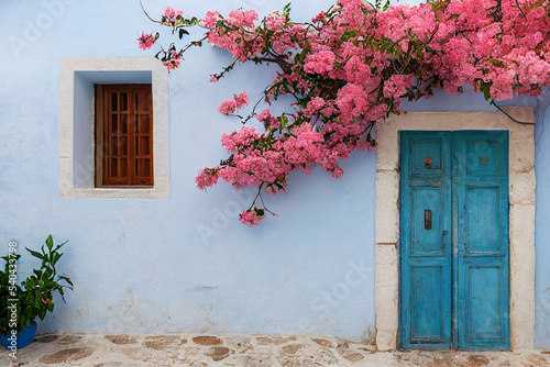 Pink blossom over a blue door. Imaginary Greek style house 3d render
