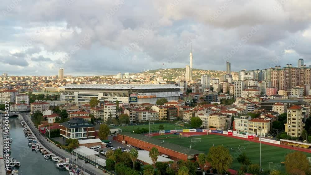 Istanbul, Turkey - October 21, 2022: Aerial Drone View Kadikoy Moda with Fenerbahce Stadium Sukru Saracoglu in Istanbul