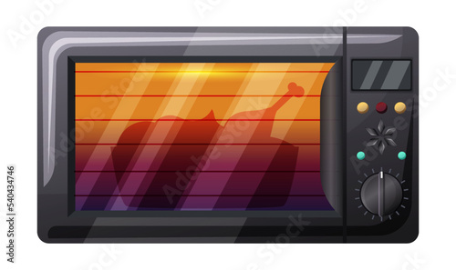 Microwave oven electric appliance isolated on white background. Kitchen device cooking duck, chicken leg behind heat resistant glass. Collection realistic mockup home appliance. Vector illustration