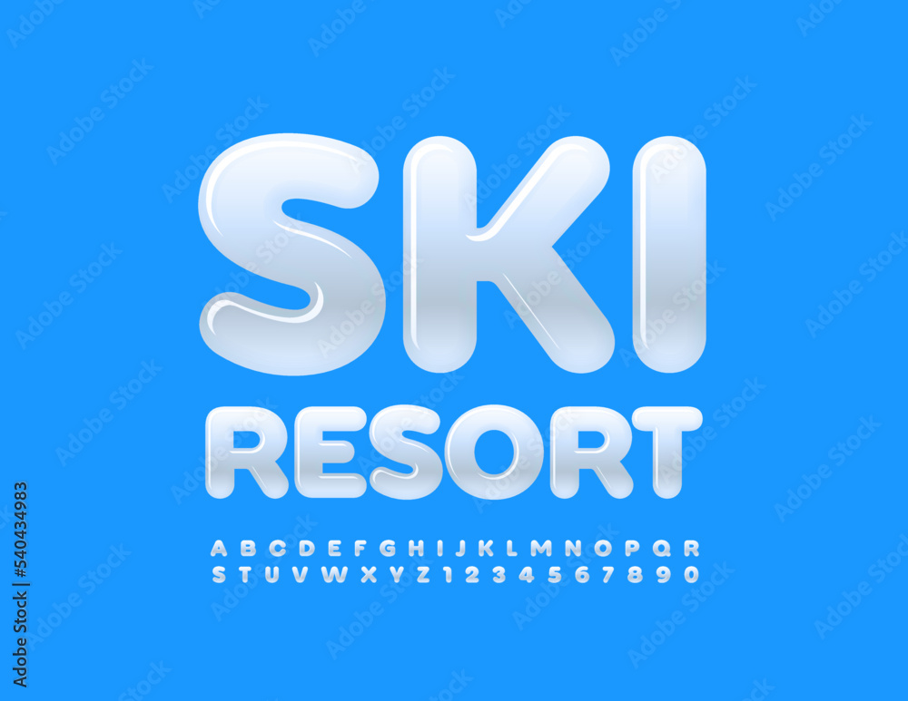 Vector glossy emblem Ski Resort.  Modern White Font. Artistic Alphabet Letters and Numbers