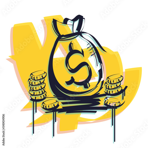 Money bag. Outline graffiti style on colored blur. Isolated on white background Hand drawn colorful modern vector illustration.