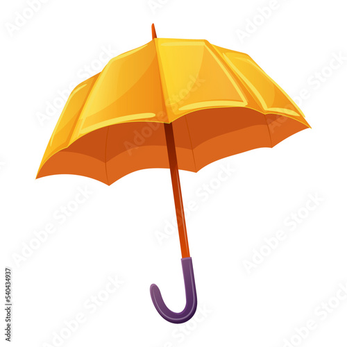 High Detailed yellow opened umbrella isolated on white background. Vintage fashion umbrella with purple plastic handle. Side view design colorful female rain protection accessory. Vector illustration