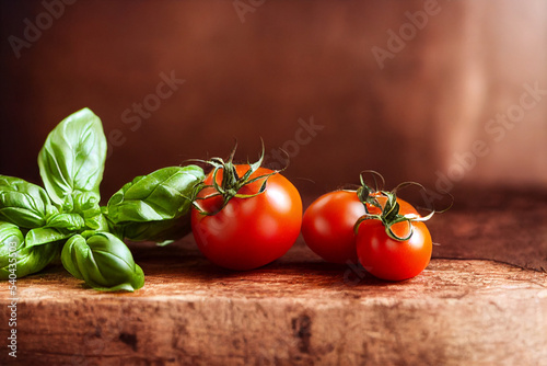Basil leaves and tomatoes on a wooden board. Food presentation, ingredients, recipe. 3d illustration