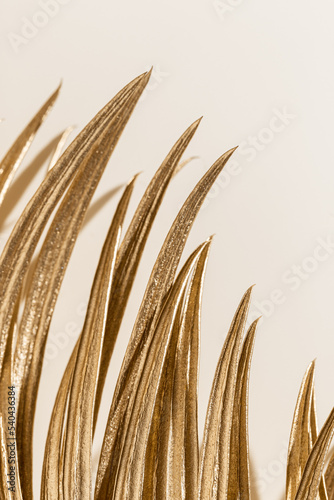 Golden palm leaf close up as trend design background, beige monochrome image....