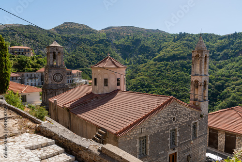 Church of Taxiarches  the greatest brigadiers  and bell clock tower in Lagadia village  Arcadia  Greece