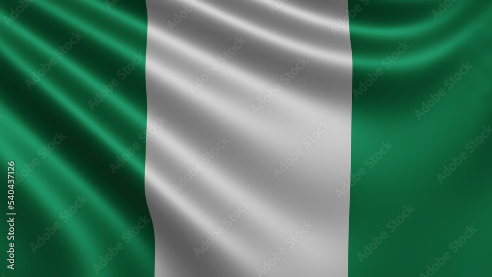 Render of the Nigeria flag flutters in the wind close-up, the national flag of Nigeria flutters in 4k resolution, close-up, colors: RGB. High quality illustration