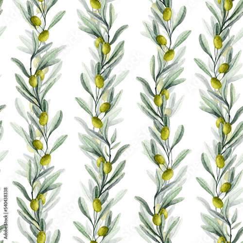 Seamless pattern with Olive branch and green fruit. Watercolor hand drawn background for textile design or Oil label on transparent backdrop