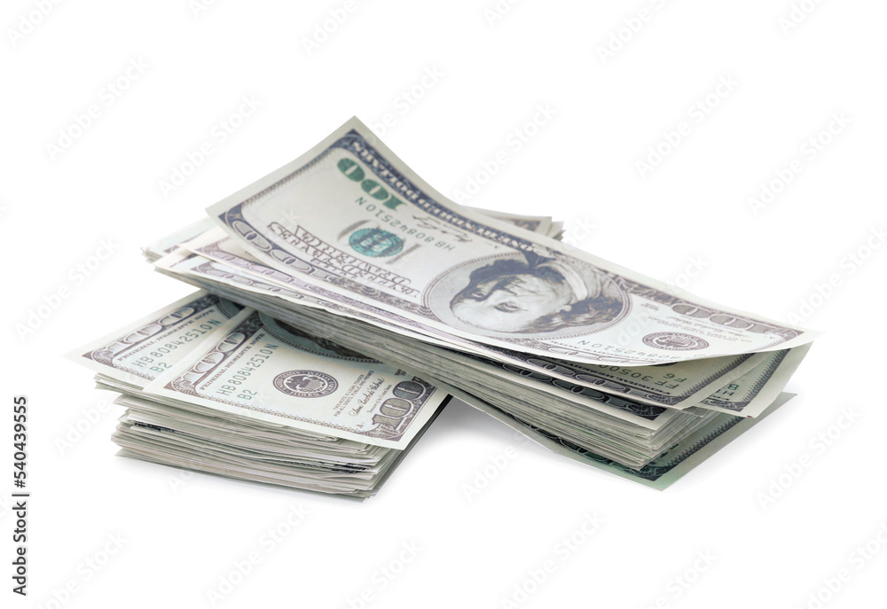 Many dollar banknotes on white background. American national currency Many dollar banknotes on white background. American national currency