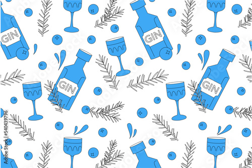 Seamless pattern of  a Gin bottle with Juniper branch and berries