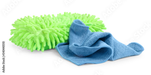 Cloth and car wash mitt on white background