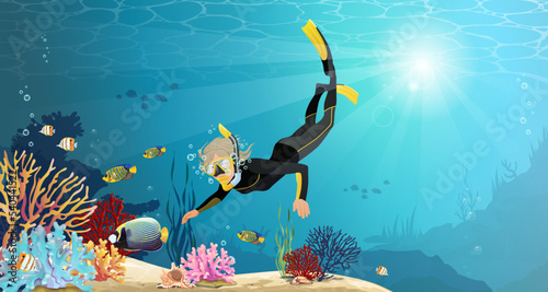 Colorful seascape with woman scuba diver exploring sea bottom with coral reef, fish. Girl in mask and wetsuit underwater swimming with ocean wildlife, female character snorkeling. Vector illustration