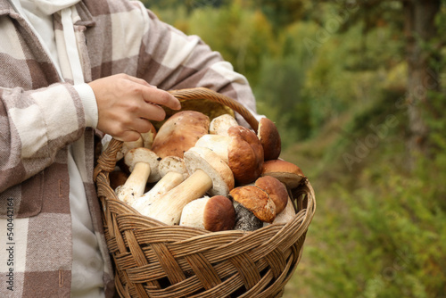 Man holding wicker basket with fresh wild mushrooms, closeup