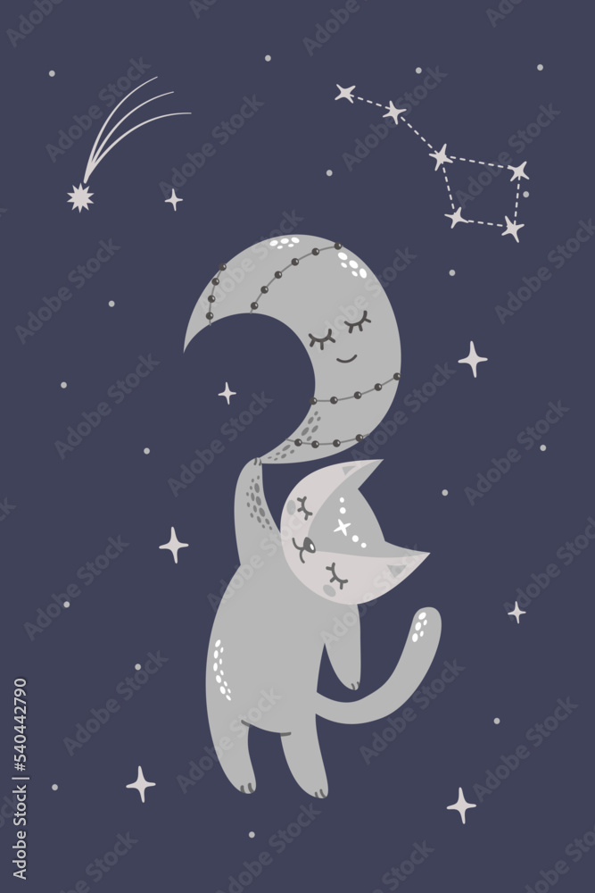 Magic vector illustration. Cute cat hanging on the moon. The constellation of the big bear. Cute sleeping moon. Magic vector illustration. Cute cat hanging on the moon. The constellation of the big bear. Cute sleeping moon.
