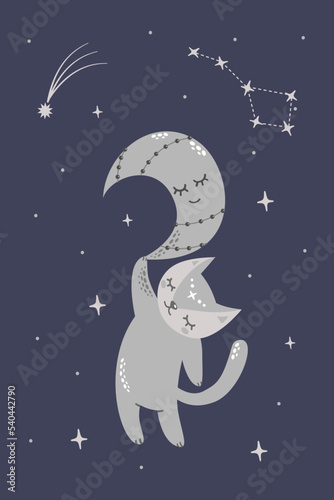 Magic vector illustration. Cute cat hanging on the moon. The constellation of the big bear. Cute sleeping moon. 
