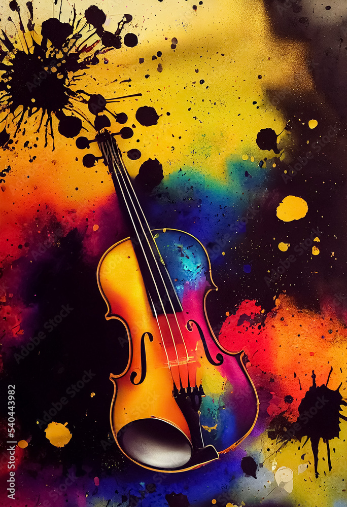 Violin covered with paint, grunge-style painting, a musical instrument with colorful and black paint splatter and gradients. Created with Generative AI technology