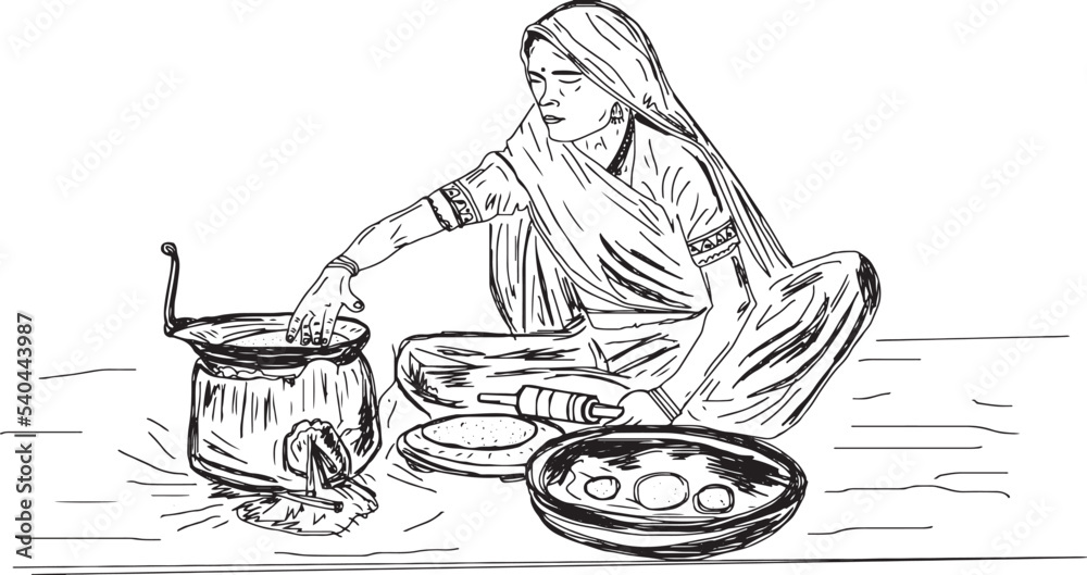 indian village woman making food in ancient Or old kitchen, Poor Indian ...
