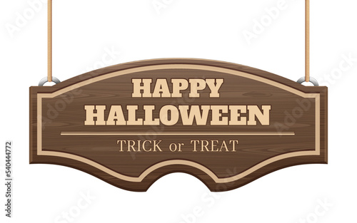 Halloween design. Wooden curly signboard with a congratulatory inscription. Happy Halloween. Decoration for the holiday. Vector illustration