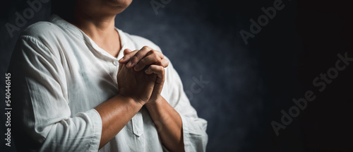 Christianity religion concept. Christian life crisis prayer to god. Woman pray for god blessing to wishing have better life.Woman hand worship to god. Begging for forgiveness and believe in goodness.