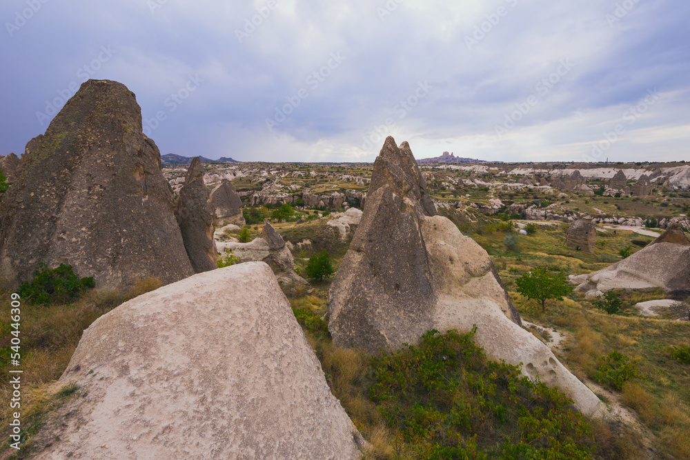 View from the observation deck to rock formations at Goreme, Cappadocia, Turkey