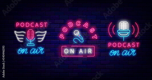 Podcast on air neon labels collection. Microphone icon with waves, wings. Streaming online. Vector illustration