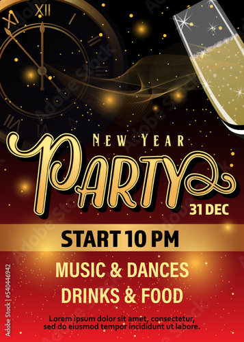 New Year and Christmas party invitation background with golden clock and and a glass of champagne. Xmas banner. Vector