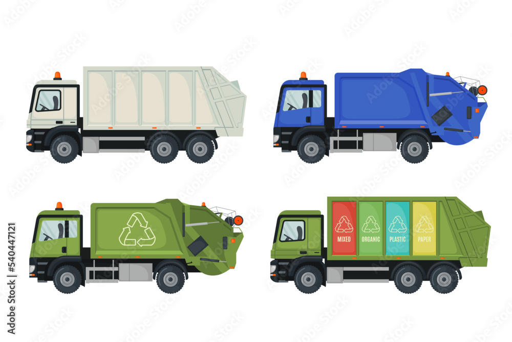 Set of garbage truck icons in flat style isolated on white background.