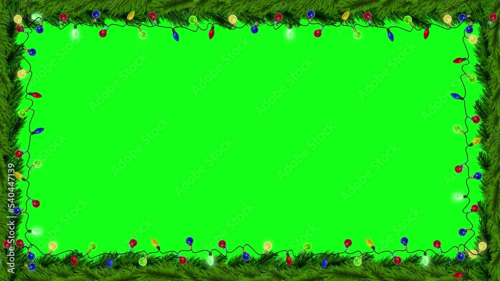 Christmas frame animation on a green and black screen. christmas animation frame with key color. Christmas frame with christmas tree and flashing lamps. Chroma key, Color key background.