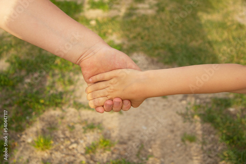 two children's hands holding hands. Against the background of grass © Natalya