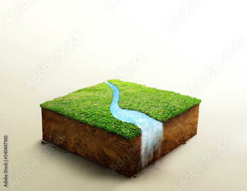 3D, cubical soil ground cross section with  river stream on green grass isolated on white. realistic 3D rendering ground ecology, cutaway terrain floor with rock isolated on light background.