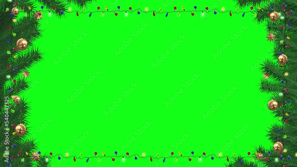 Christmas frame animation on green and black screen. Christmas animation frame with key color. Christmas frame with tree, christmas balls and flashing lamps. Chroma key, Color key background.