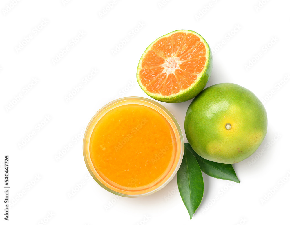 Flat lay of Tangerine orange juice with fresh orange isolated on white background. Flat lay of Tangerine orange juice with fresh orange isolated on white background.