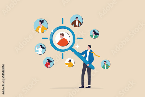 Customer centric marketing strategy to design product and service, UX user experience , advertising focused group concept, businessman with magnifying glass focus on customer, users or people. photo