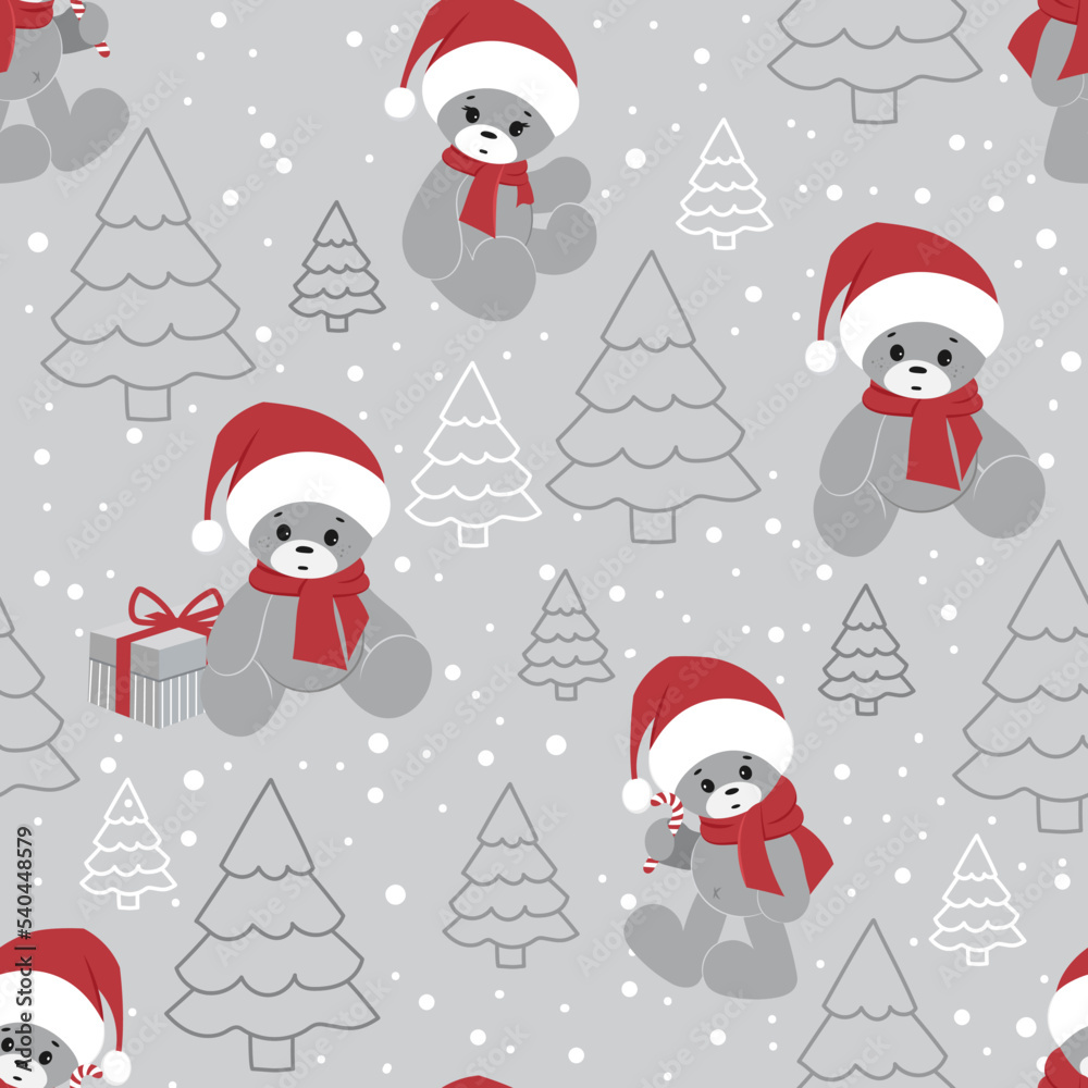 Cute Christmas pattern with teddy bears in Santa hats, Christmas trees and gifts. Seamless vector pattern. It is well suited for wrapping paper.