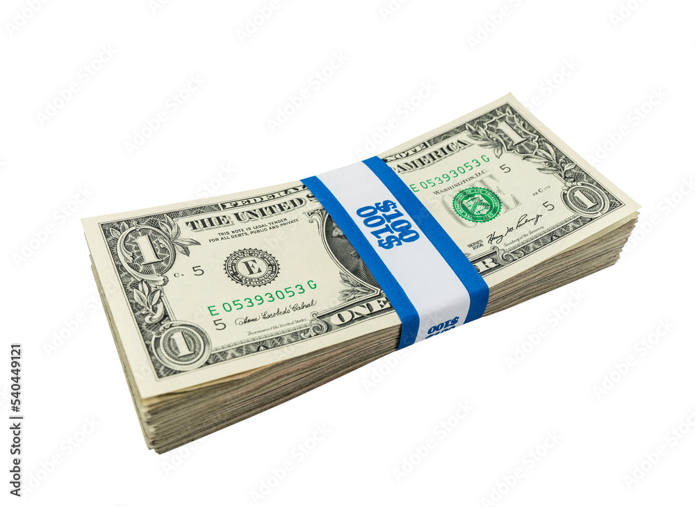 Pack of one dollar bills with $100 paper currency strap isolated Pack of one dollar bills with $100 paper currency strap isolated