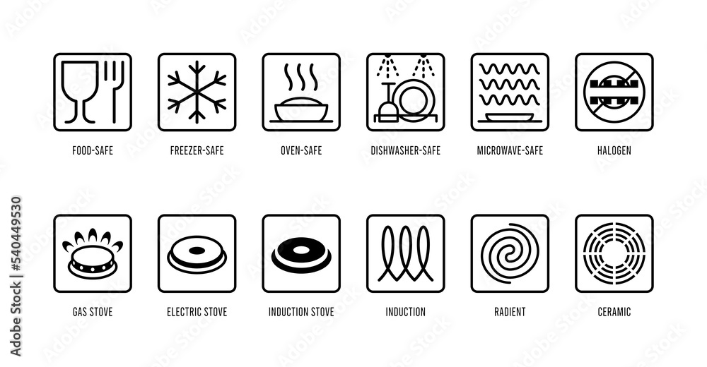 Cookware vector icons set. Food safe, freezer, oven, microwave, dishwasher, halogen, gas, electric, induction, radiant, ceramic logo symbols.  - obrazy, fototapety, plakaty 