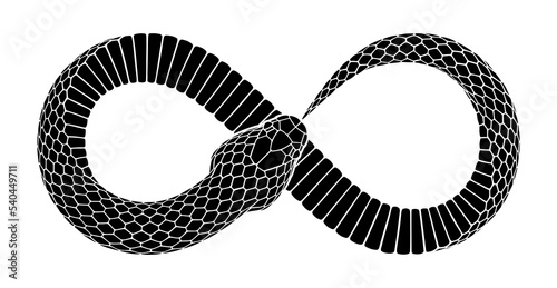 Vector tattoo design of snake bites its tail as infinity sign. Isolated silhouette of ouroboros symbol.