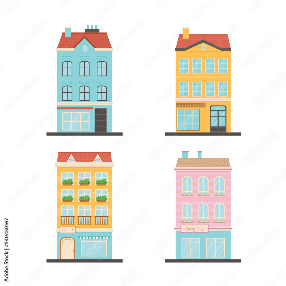 Bright colored houses in cartoon style. Old city. Scandinavian style. Vintage concept. . Isolated design elements