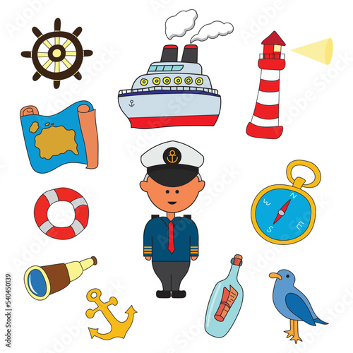 
Hand drawn color children sailor set with all sailor equipment and tools. Cute ship captain boat lighthouse sea and ocean sailing tools.