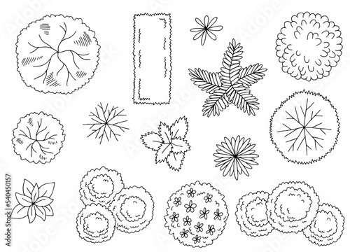 Landscape architect design element set graphic black white top sketch aerial view illustration vector 