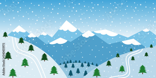 winter landscape snowfall mountains pine trees ski trace vector illustration